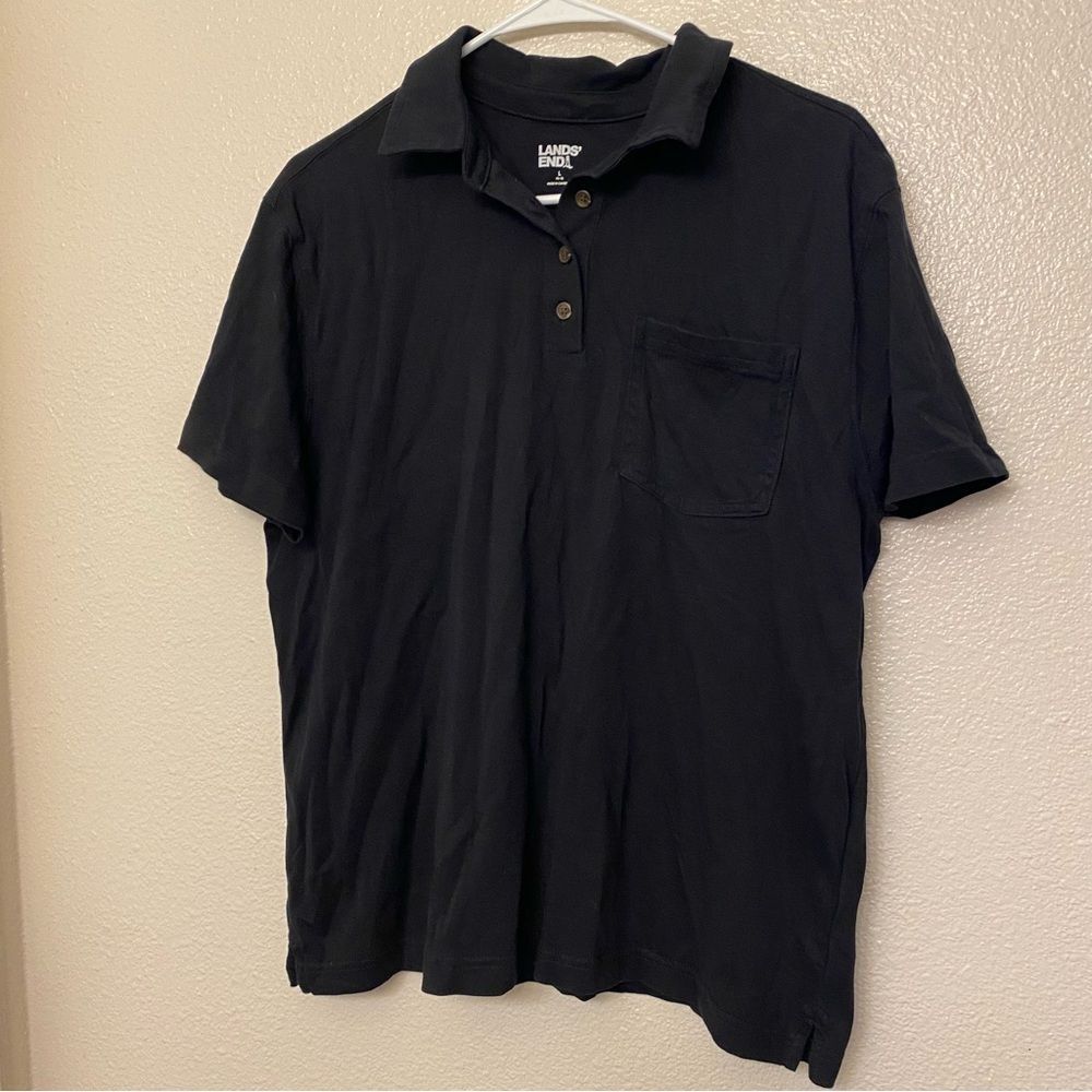 Lands' End black classic Polo shirt Casual Short Sleeve uniform top cotton L